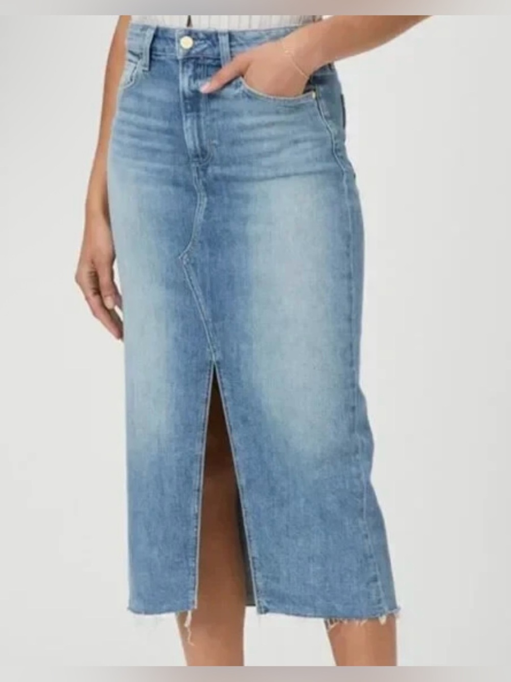 PAIGE Medium Wash Midi Raw Hem Denim Skirt - Size 26